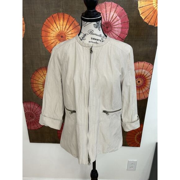 Peck & Peck Tan Blazer Jacket W/ Leopard Lining & Zipper Detail Safari Chic 14 - Picture 1 of 4